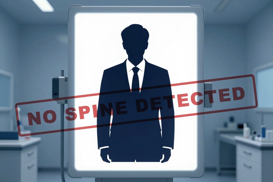 A medical X-ray on a lightbox showing a politician in a suit with empty space where the spine should be, stamped no spine detected.